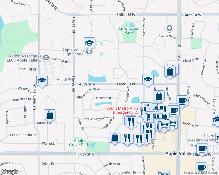 map of restaurants, bars, coffee shops, grocery stores, and more near 7995 Upper 145th Street West in Apple Valley