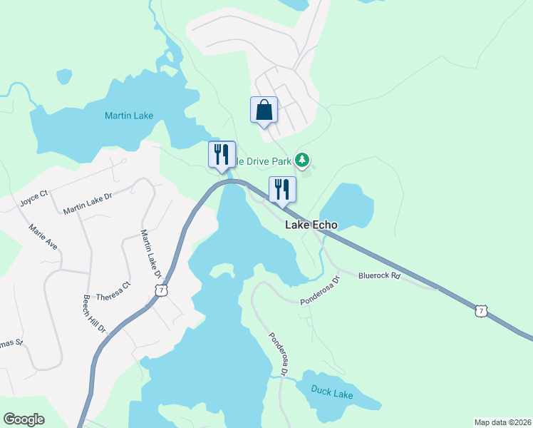 map of restaurants, bars, coffee shops, grocery stores, and more near 9 Old Lake Echo Road in Lake Echo