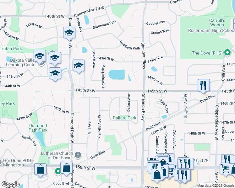 map of restaurants, bars, coffee shops, grocery stores, and more near 14505 Danbury Avenue West in Rosemount