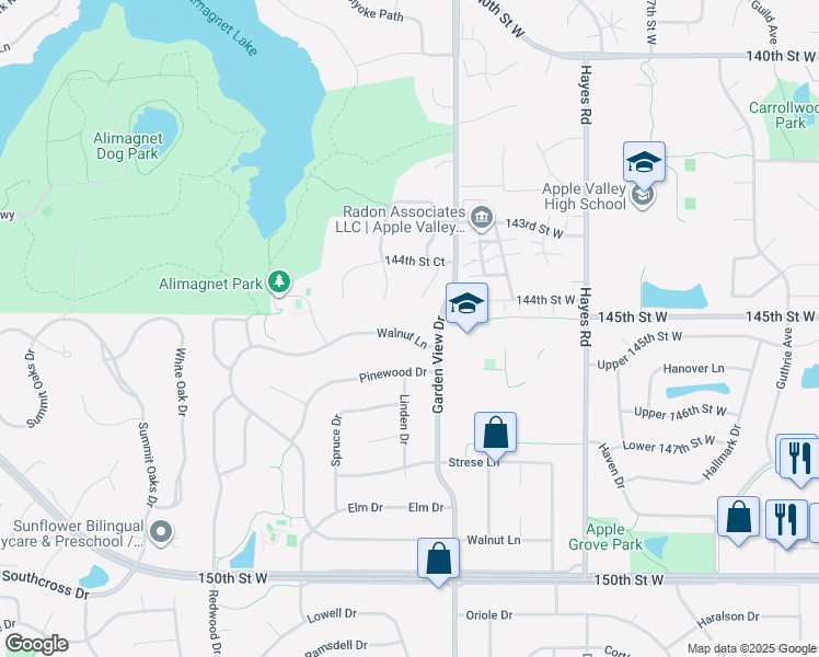 map of restaurants, bars, coffee shops, grocery stores, and more near 452 Walnut Lane in Apple Valley