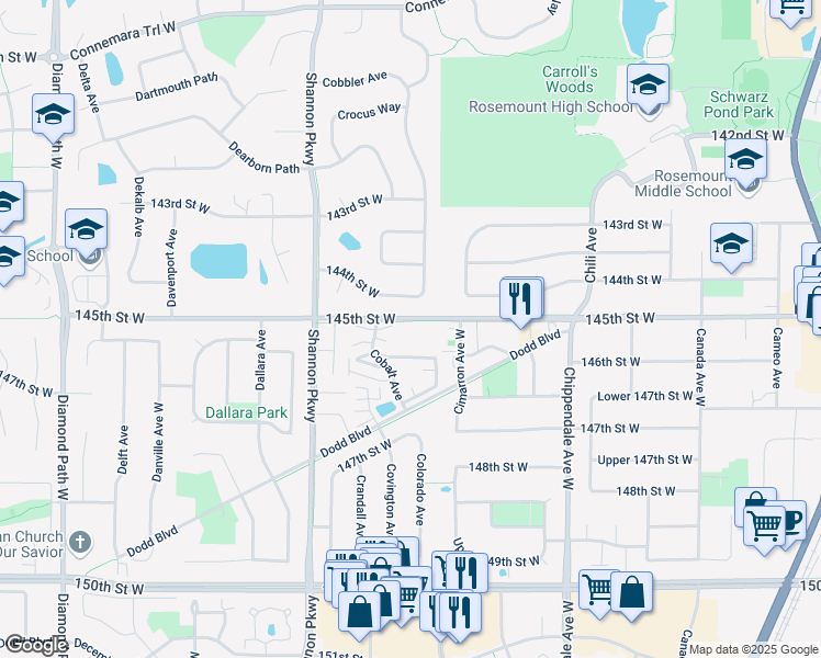 map of restaurants, bars, coffee shops, grocery stores, and more near 3812 145th Street West in Rosemount