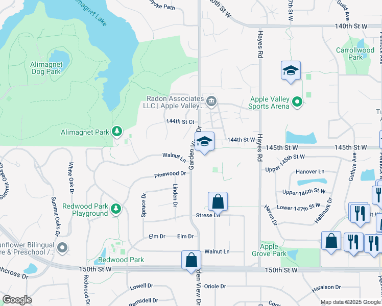 map of restaurants, bars, coffee shops, grocery stores, and more near 225 Garden View Drive in Apple Valley