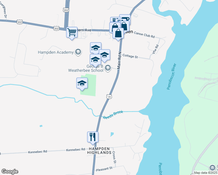 map of restaurants, bars, coffee shops, grocery stores, and more near 2 Main Road North in Hampden