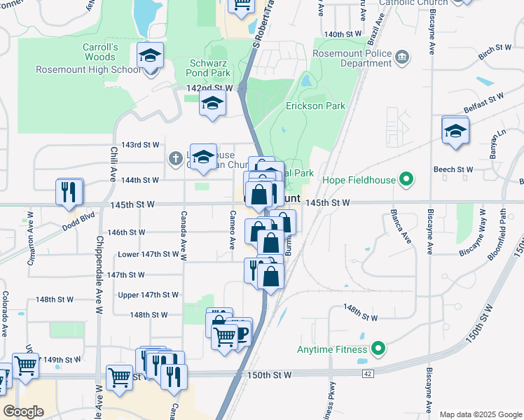 map of restaurants, bars, coffee shops, grocery stores, and more near in Rosemount