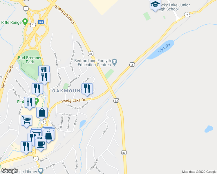 map of restaurants, bars, coffee shops, grocery stores, and more near Bedford Bypass in Bedford