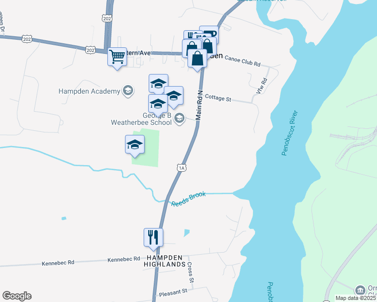 map of restaurants, bars, coffee shops, grocery stores, and more near 2 Main Road North in Hampden