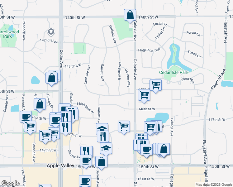 map of restaurants, bars, coffee shops, grocery stores, and more near 7103 145th Street West in Apple Valley