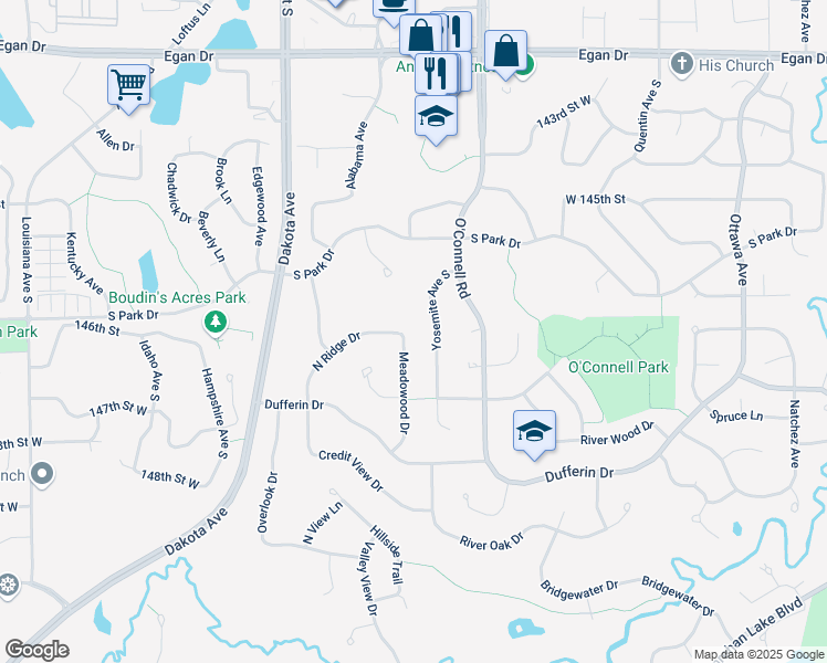 map of restaurants, bars, coffee shops, grocery stores, and more near 14609 Meadowood Drive in Savage