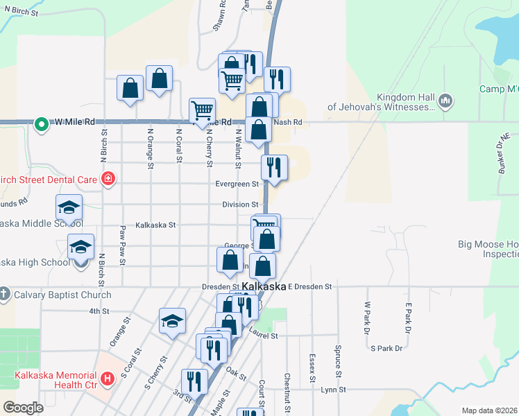 map of restaurants, bars, coffee shops, grocery stores, and more near 411 North Cedar Street in Kalkaska
