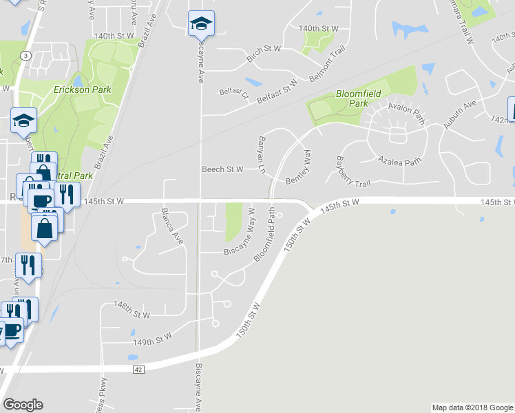 map of restaurants, bars, coffee shops, grocery stores, and more near 14535 Biscayne Way West in Rosemount