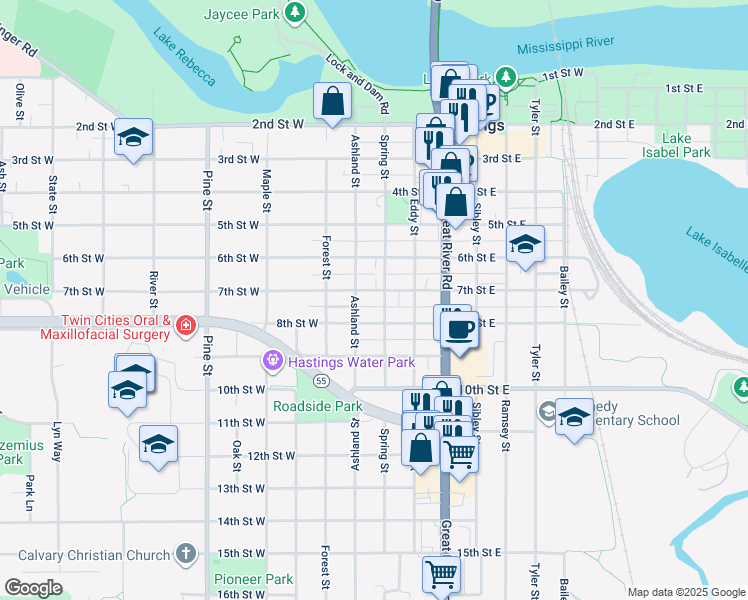 map of restaurants, bars, coffee shops, grocery stores, and more near 309 7th Street West in Hastings