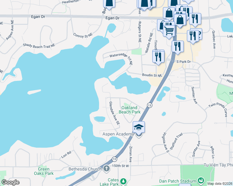 map of restaurants, bars, coffee shops, grocery stores, and more near 14551 Glendale Avenue Southeast in Prior Lake