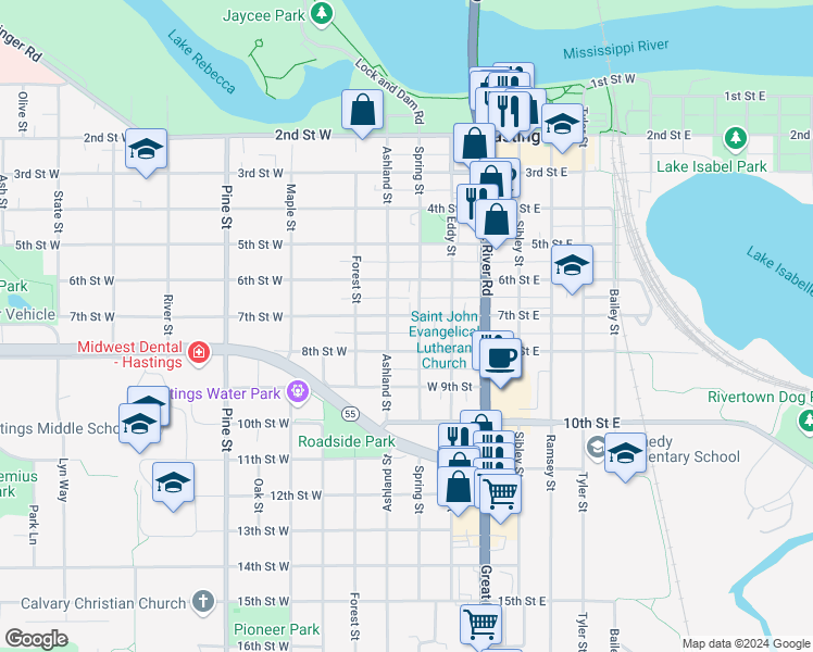 map of restaurants, bars, coffee shops, grocery stores, and more near 309 7th Street West in Hastings