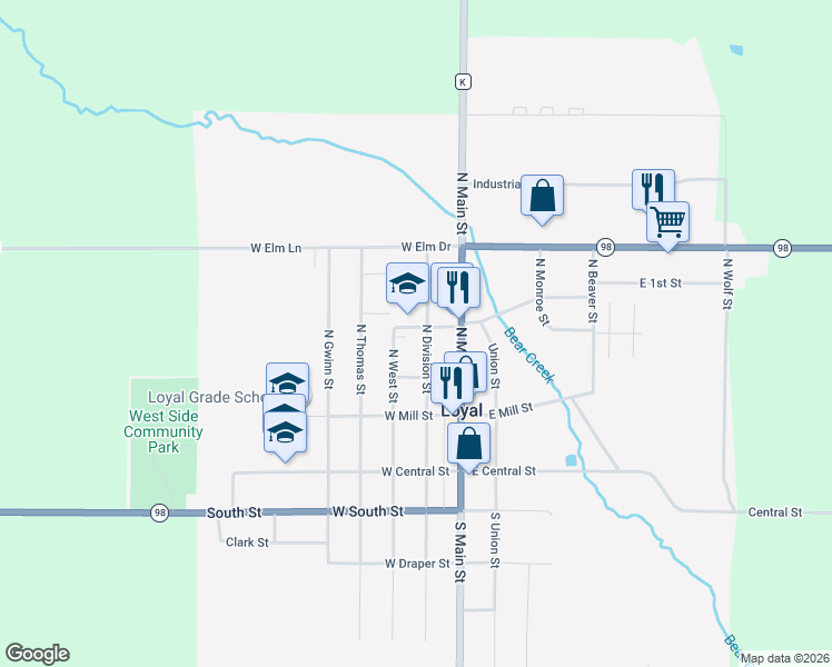 map of restaurants, bars, coffee shops, grocery stores, and more near 319 North Division Street in Loyal