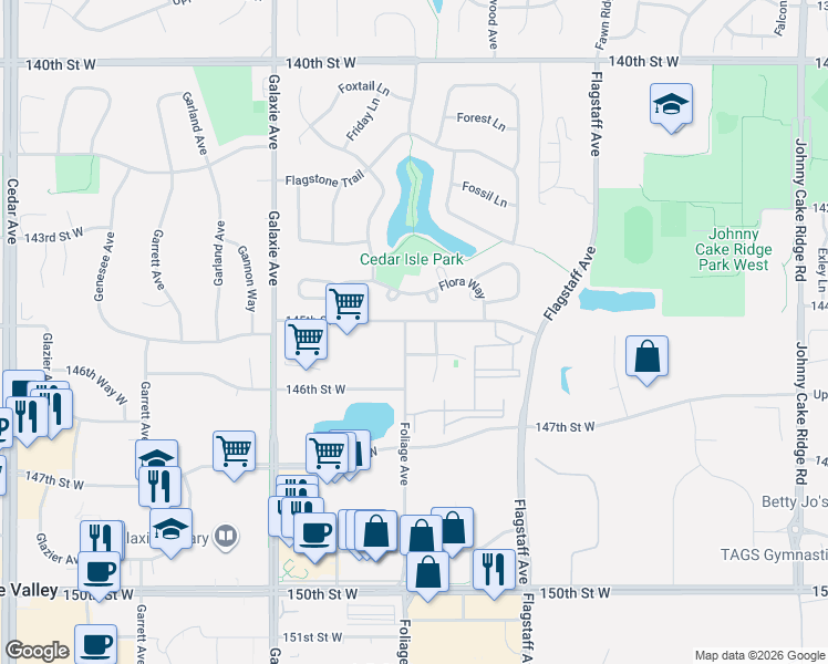 map of restaurants, bars, coffee shops, grocery stores, and more near 14515 Florissant Path in Apple Valley