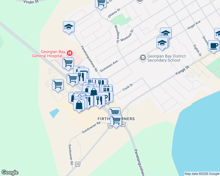map of restaurants, bars, coffee shops, grocery stores, and more near 301 Penetanguishene Road in Midland