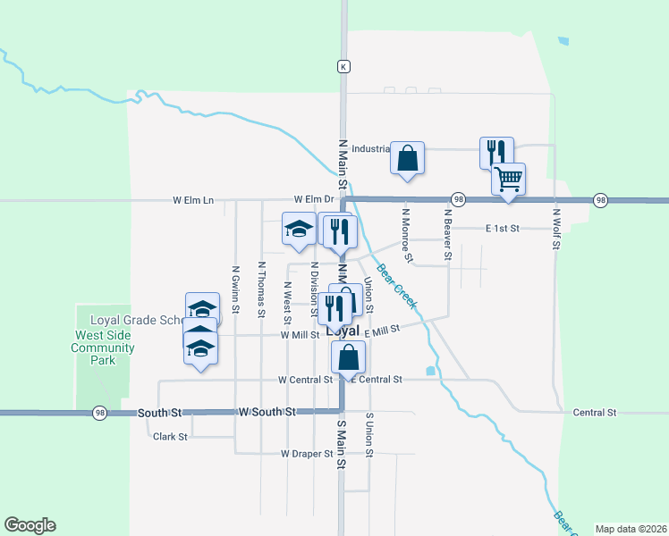 map of restaurants, bars, coffee shops, grocery stores, and more near 333 North Main Street in Loyal