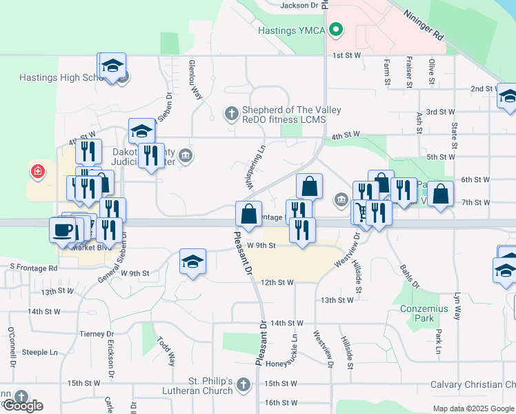 map of restaurants, bars, coffee shops, grocery stores, and more near 1455 N Frontage Rd in Hastings