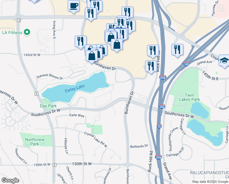 map of restaurants, bars, coffee shops, grocery stores, and more near 943 Earley Lake Curve in Burnsville