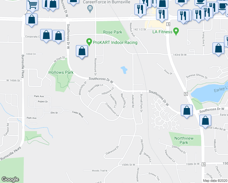 map of restaurants, bars, coffee shops, grocery stores, and more near 14605 Hillshire Lane in Burnsville