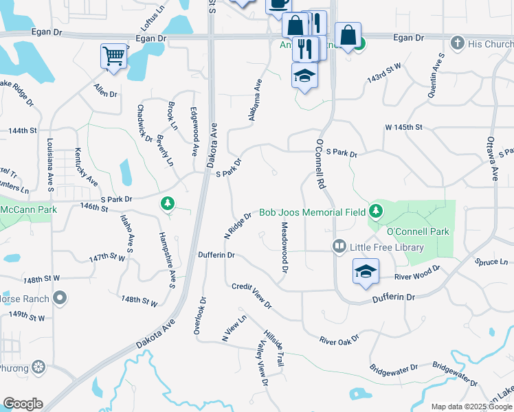 map of restaurants, bars, coffee shops, grocery stores, and more near 5978 North Ridge Drive in Savage