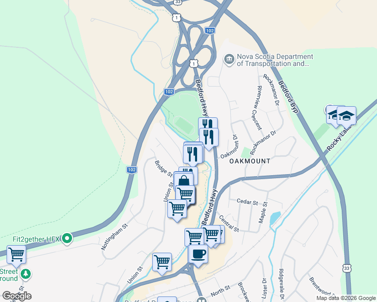 map of restaurants, bars, coffee shops, grocery stores, and more near 51 River Lane in Bedford