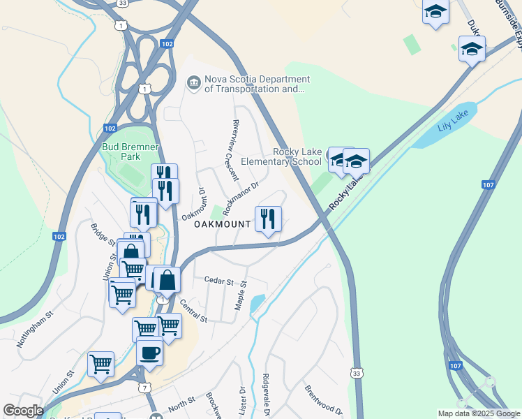 map of restaurants, bars, coffee shops, grocery stores, and more near 192 Duffus Drive in Bedford