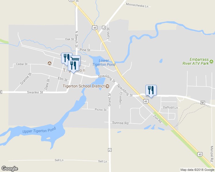 map of restaurants, bars, coffee shops, grocery stores, and more near 213 Spaulding Street in Tigerton