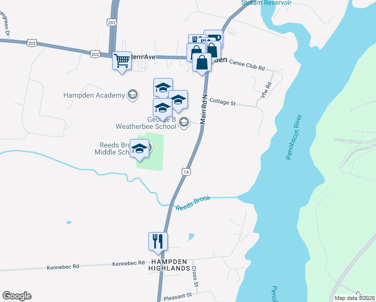 map of restaurants, bars, coffee shops, grocery stores, and more near 2 Main Road North in Hampden