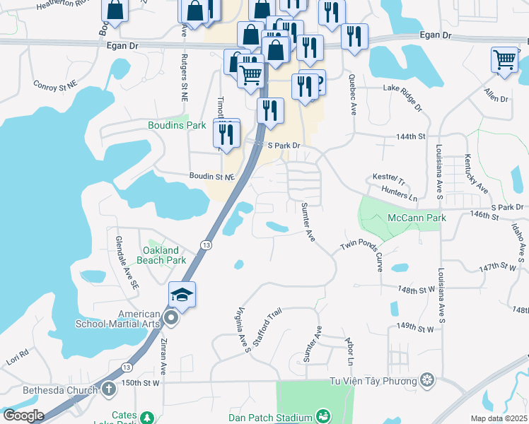 map of restaurants, bars, coffee shops, grocery stores, and more near 14539 Virginia Avenue South in Savage