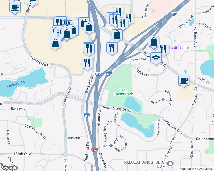 map of restaurants, bars, coffee shops, grocery stores, and more near 14569 Grand Avenue in Burnsville