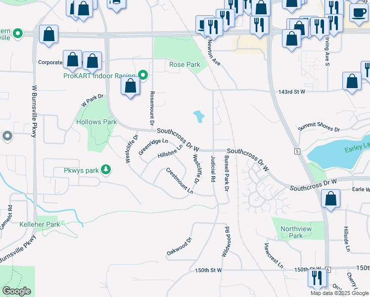 map of restaurants, bars, coffee shops, grocery stores, and more near 14605 Hillshire Lane in Burnsville