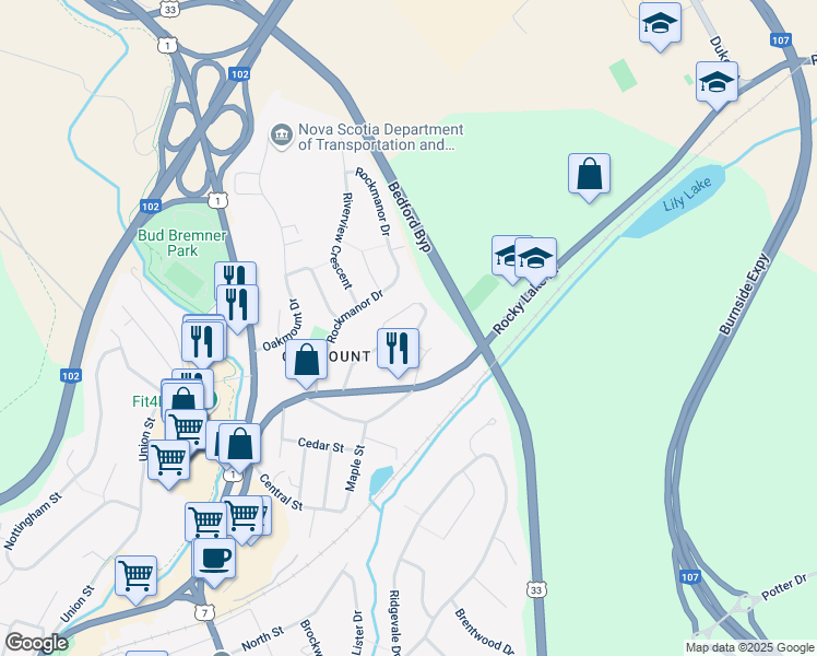 map of restaurants, bars, coffee shops, grocery stores, and more near 104 Duffus Drive in Bedford