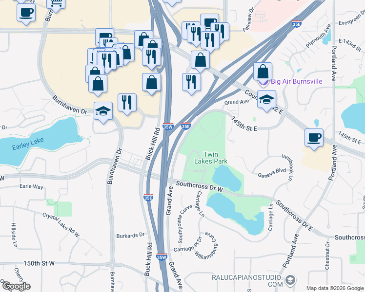 map of restaurants, bars, coffee shops, grocery stores, and more near 14569 Grand Avenue in Burnsville