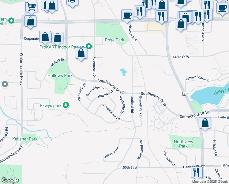 map of restaurants, bars, coffee shops, grocery stores, and more near 14605 Hillshire Lane in Burnsville
