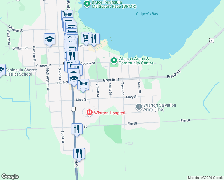 map of restaurants, bars, coffee shops, grocery stores, and more near 431 Scott Street in Wiarton