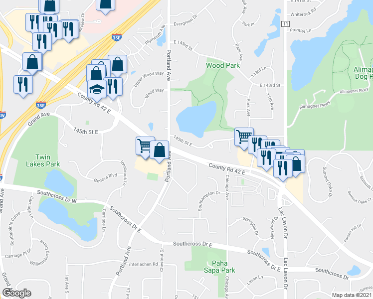 map of restaurants, bars, coffee shops, grocery stores, and more near 631 145th Street East in Burnsville