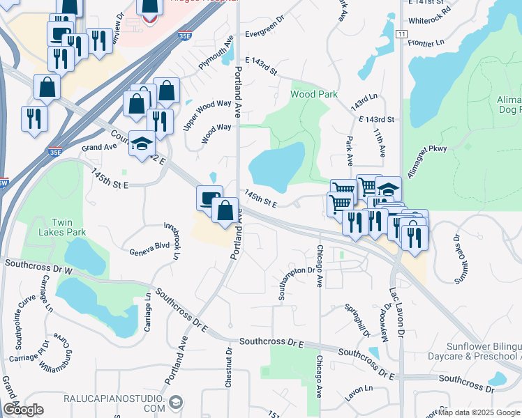 map of restaurants, bars, coffee shops, grocery stores, and more near 631 145th Street East in Burnsville