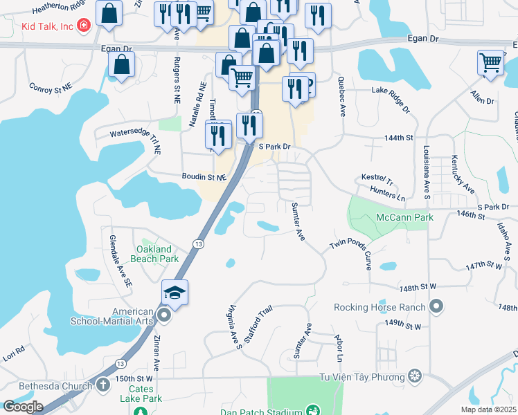 map of restaurants, bars, coffee shops, grocery stores, and more near 14539 Virginia Avenue South in Savage