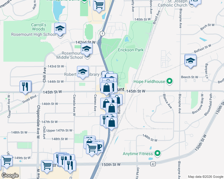 map of restaurants, bars, coffee shops, grocery stores, and more near in Rosemount