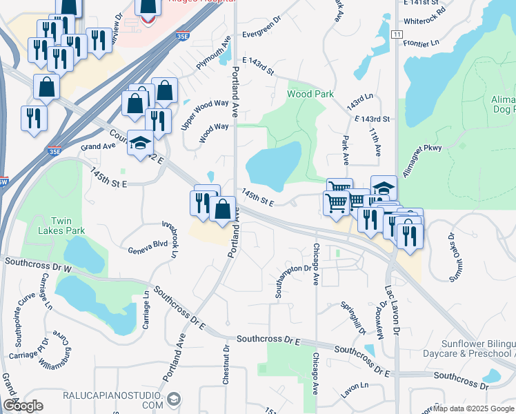map of restaurants, bars, coffee shops, grocery stores, and more near 631 145th Street East in Burnsville