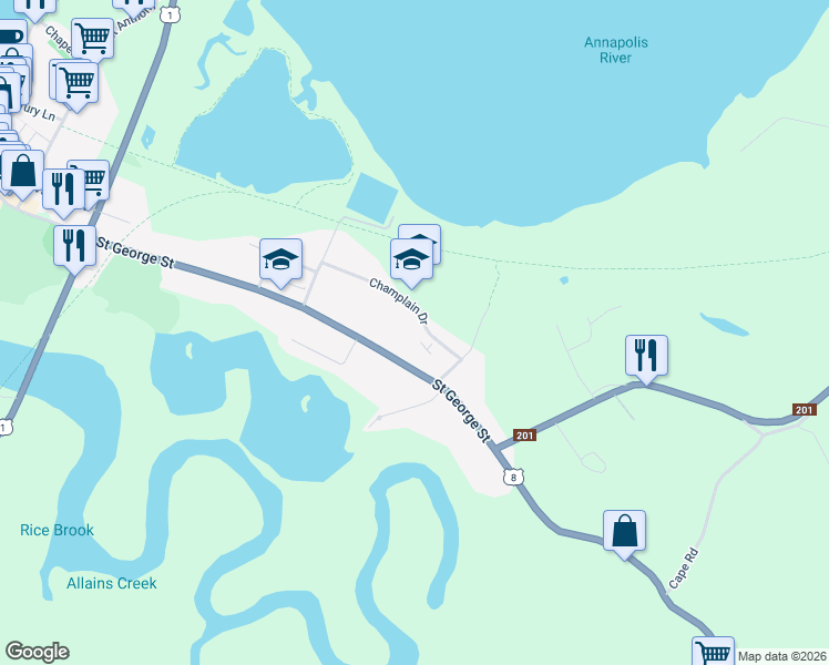 map of restaurants, bars, coffee shops, grocery stores, and more near 105 Champlain Drive in Annapolis Royal