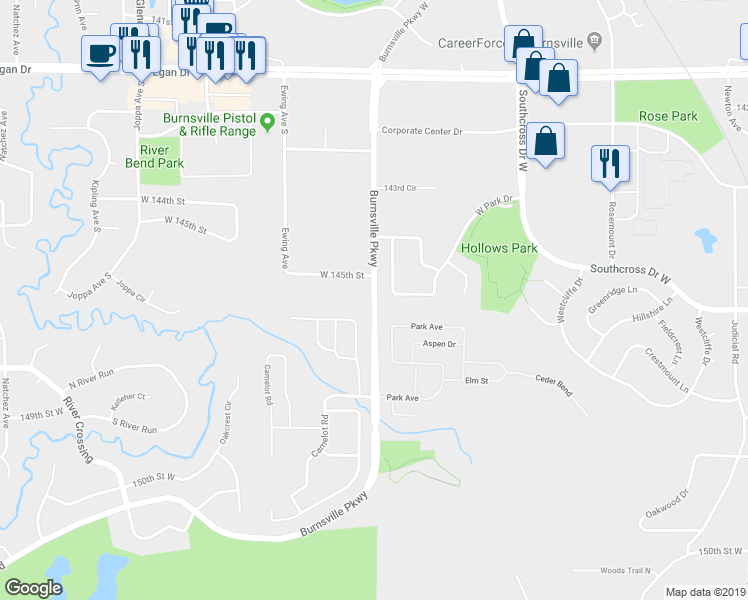 map of restaurants, bars, coffee shops, grocery stores, and more near 14457 Burnsville Parkway in Burnsville