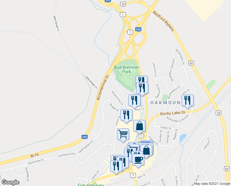 map of restaurants, bars, coffee shops, grocery stores, and more near 21 Meadowview Street in Bedford