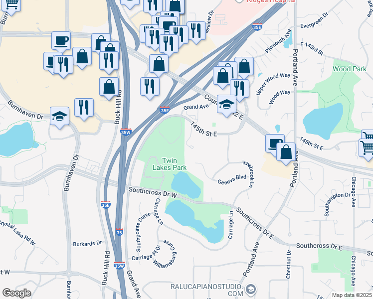 map of restaurants, bars, coffee shops, grocery stores, and more near 14520 Chateau Lane in Burnsville