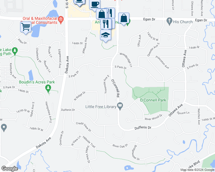 map of restaurants, bars, coffee shops, grocery stores, and more near 14629 Yosemite Avenue South in Savage