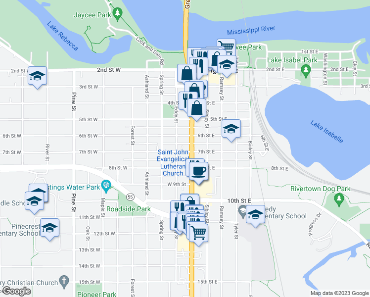 map of restaurants, bars, coffee shops, grocery stores, and more near 612 Vermillion Street in Hastings