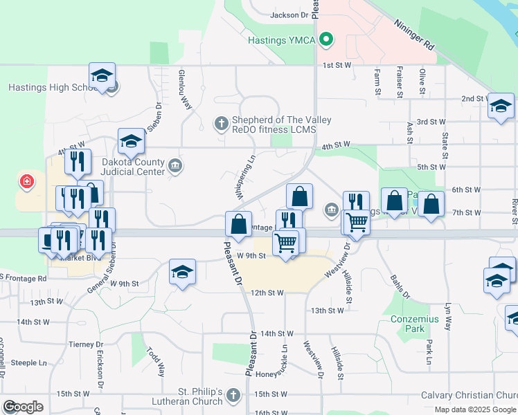 map of restaurants, bars, coffee shops, grocery stores, and more near 1455 North Frontage Road in Hastings