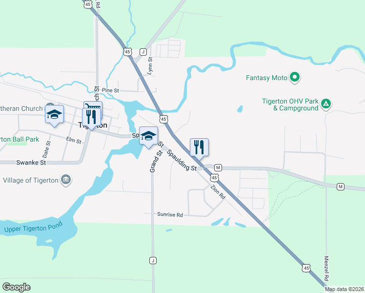 map of restaurants, bars, coffee shops, grocery stores, and more near U.S. 45 in Tigerton