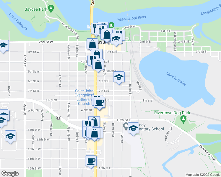 map of restaurants, bars, coffee shops, grocery stores, and more near 620 Ramsey Street in Hastings